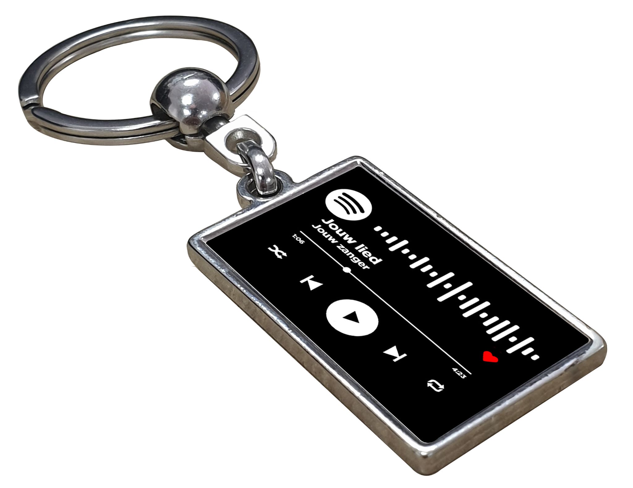Gepersonaliseerde Spotify code sleutelhanger naar jouw gewenste nummer of lied in zwart met play button.